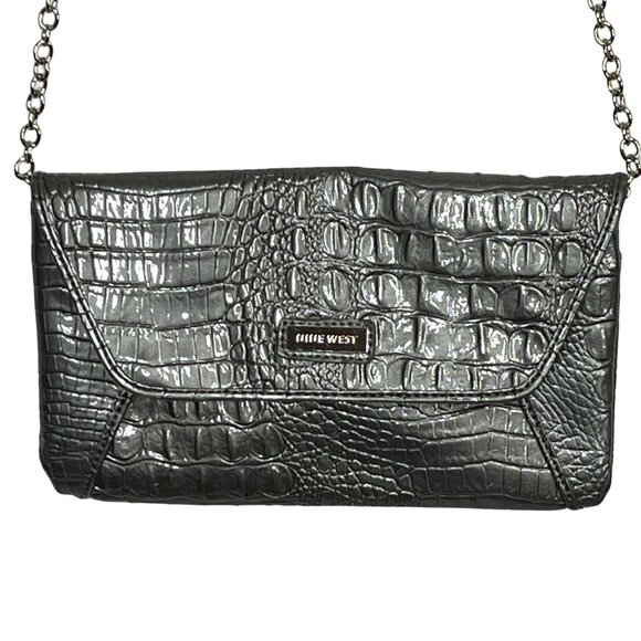 Nine West Gray Croc Embossed Shoulder Bag Chain Strap Faux Leather Purse - Picture 2 of 10